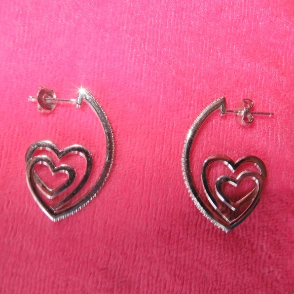 SUN 925 Sterling SILVER HEARTS DIAMONDS EARRINGS - Picture 4 of 15